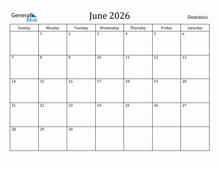 June 2026 Monthly Calendar With Dominica Holidays