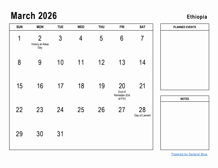 March 2026 Monthly Calendar With Ethiopia Holidays