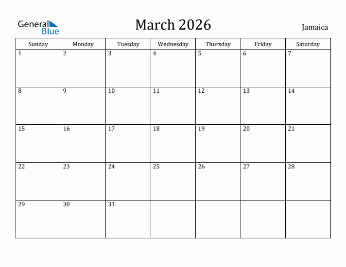March 2026 Monthly Calendar With Jamaica Holidays