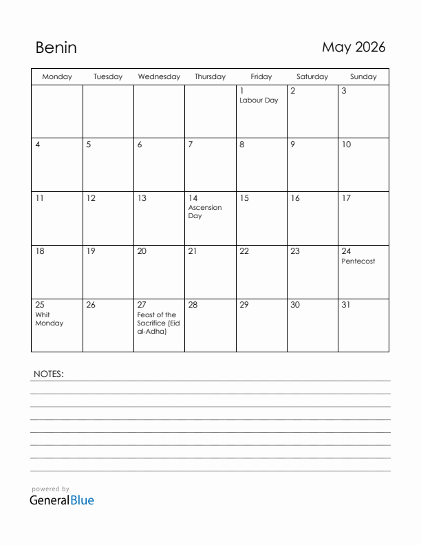 May 2026 Benin Calendar With Holidays
