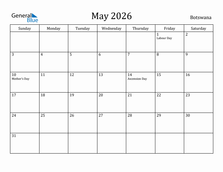 May 2026 Monthly Calendar With Botswana Holidays