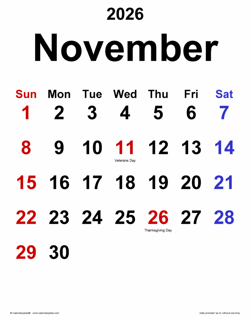 November 2026 Calendar Templates For Word Excel And PDF