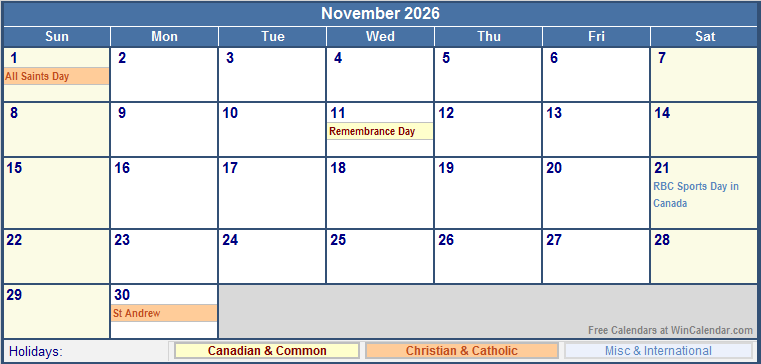 November 2026 Canada Calendar With Holidays For Printing image Format