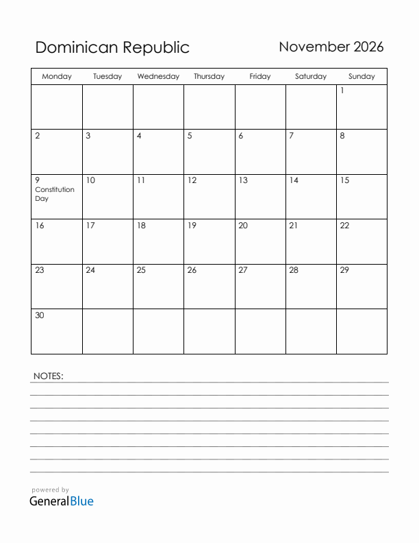 November 2026 Dominican Republic Calendar With Holidays