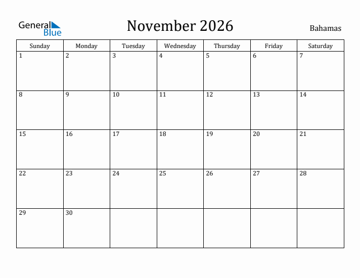 November 2026 Monthly Calendar With Bahamas Holidays