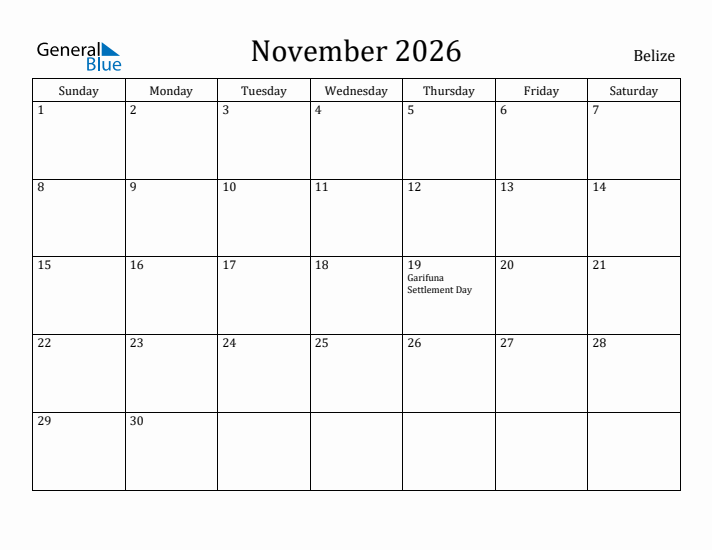 November 2026 Monthly Calendar With Belize Holidays