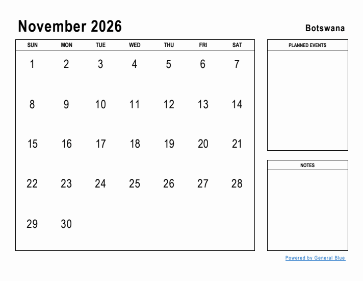 November 2026 Monthly Calendar With Botswana Holidays