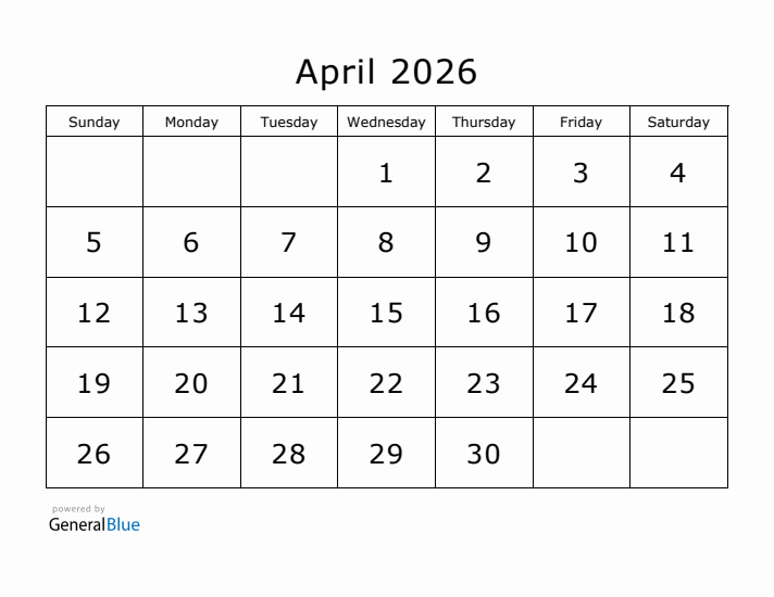 Printable April 2026 Calendar