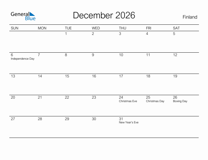 Printable December 2026 Monthly Calendar With Holidays For Finland