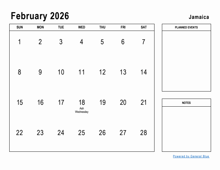 Printable February 2026 Monthly Calendar With Holidays For Jamaica
