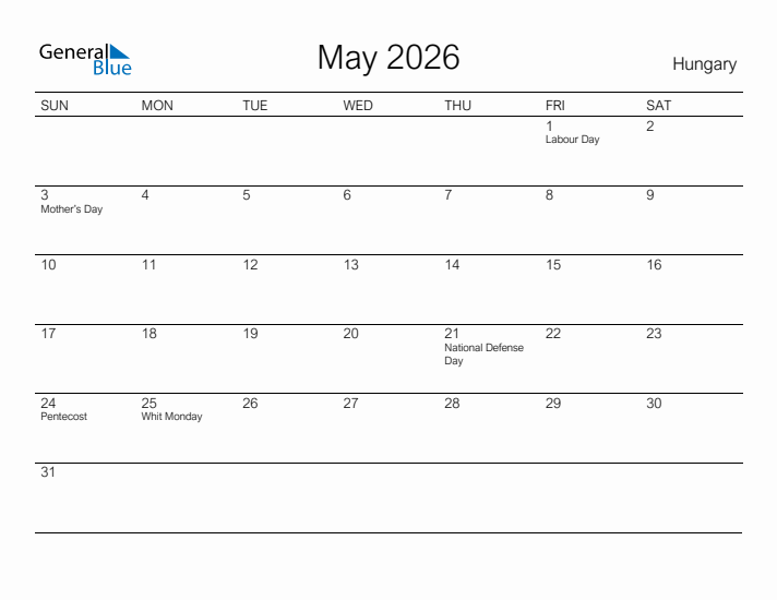 Printable May 2026 Monthly Calendar With Holidays For Hungary