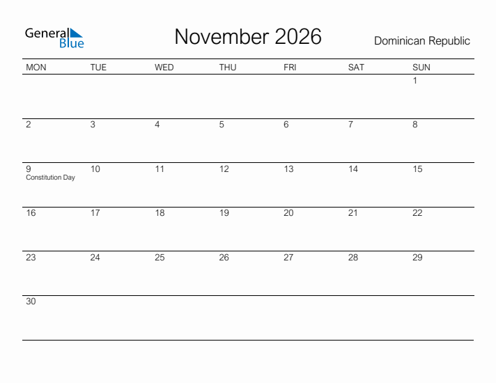 Printable November 2026 Monthly Calendar With Holidays For Dominican 