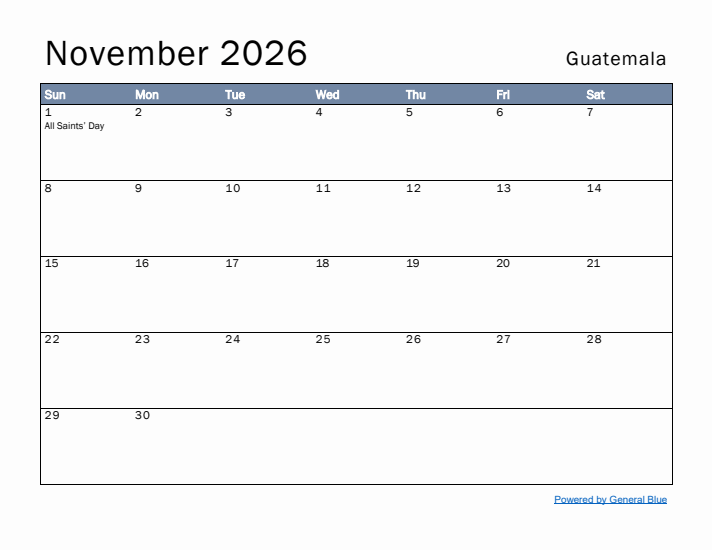 Printable November 2026 Monthly Calendar With Holidays For Guatemala