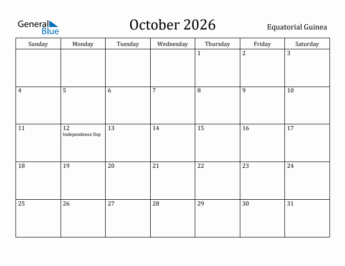 Printable October 2026 Monthly Calendar With Holidays For Equatorial Guinea
