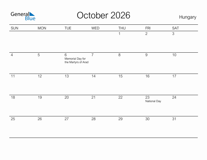Printable October 2026 Monthly Calendar With Holidays For Hungary