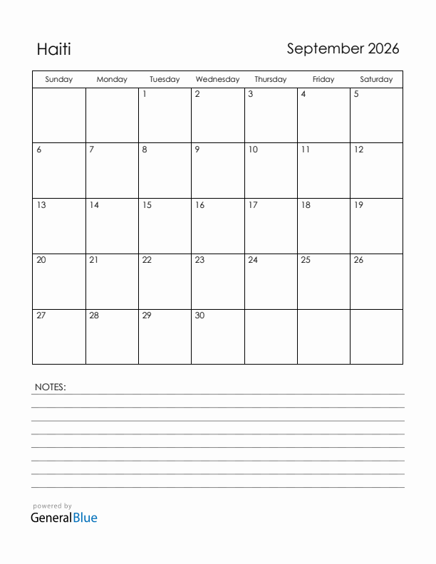 September 2026 Haiti Calendar With Holidays