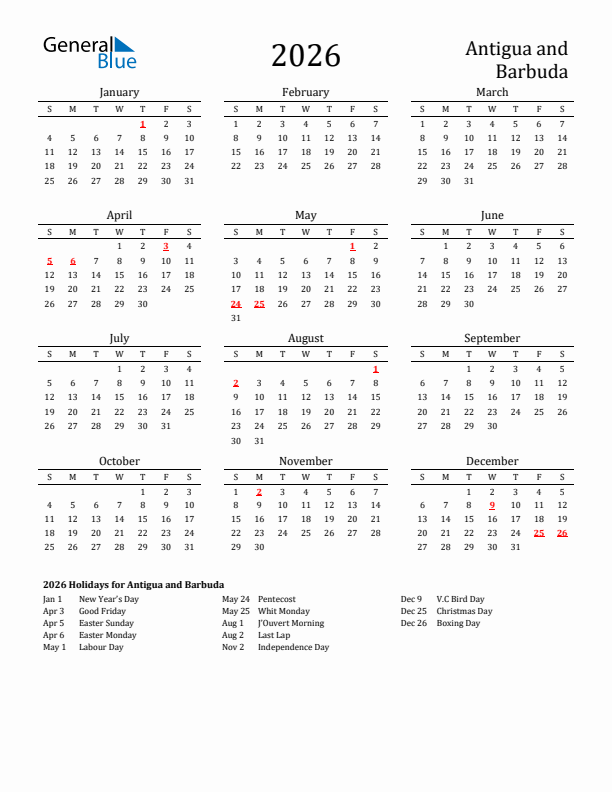 Standard Holiday Calendar For 2026 With Antigua And Barbuda Holidays