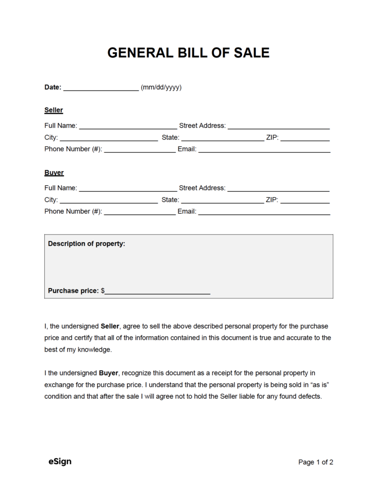 Blank Printable General Bill Of Sale Template Word Printables 