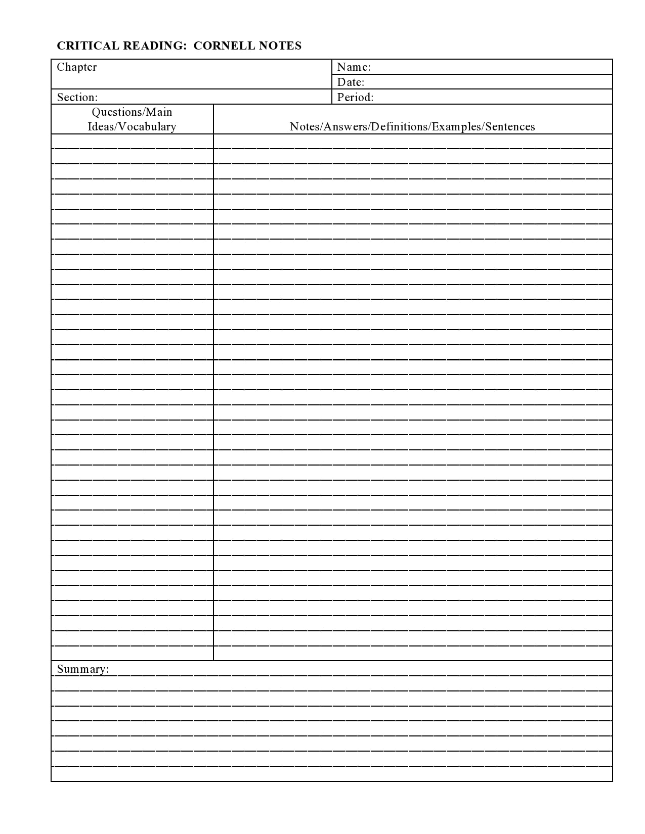 Cornell Notes Template Printable