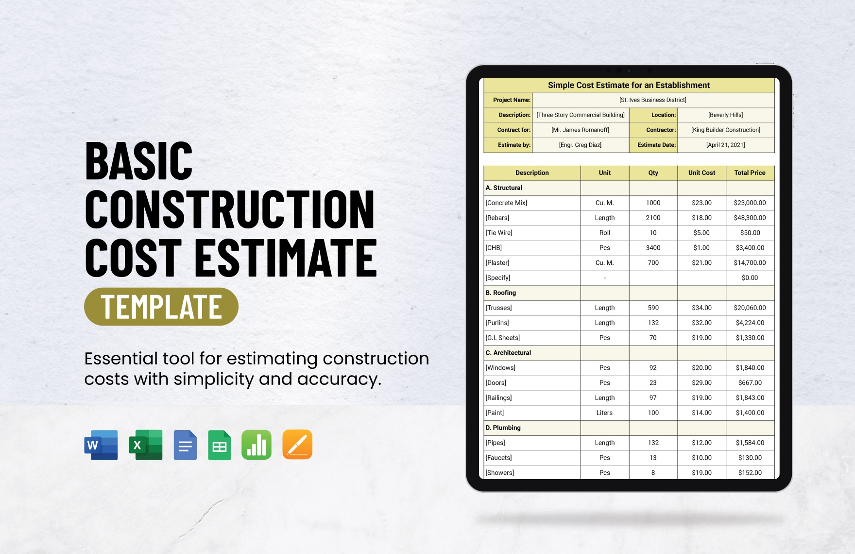 Editable Construction Estimate Templates In Excel To Download