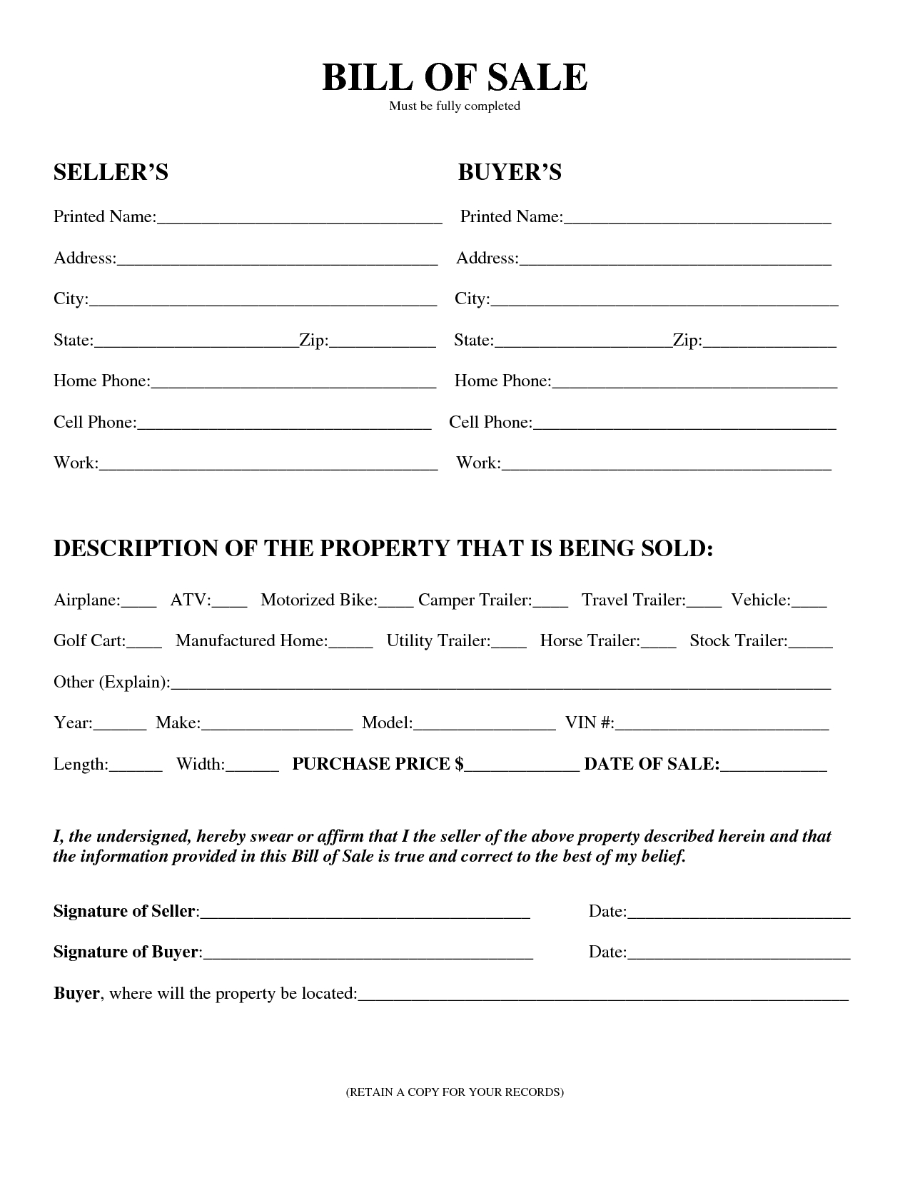 Free Bill Of Sale Template Printable Erocastle