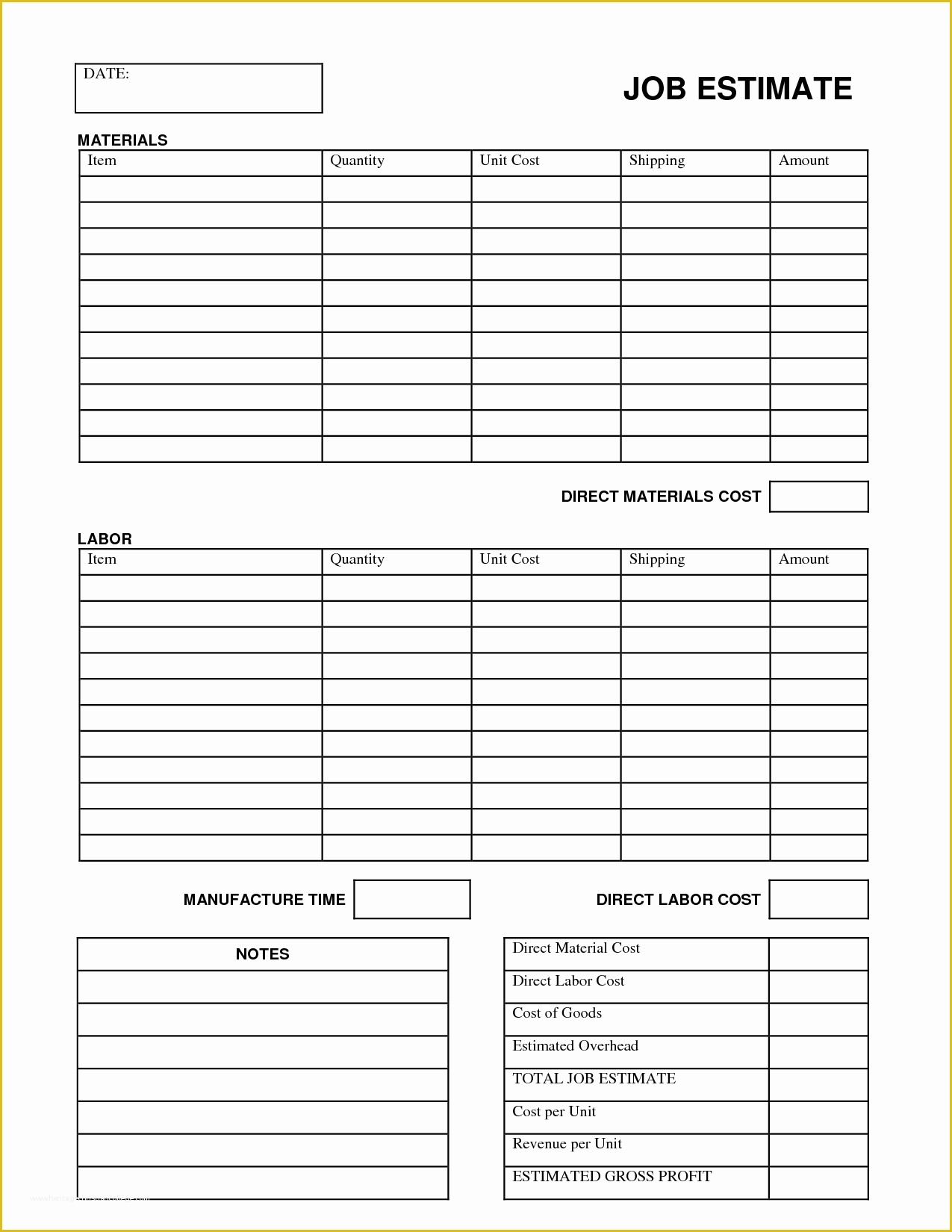 Free Construction Estimate Template Of Printable Job Estimate Forms 
