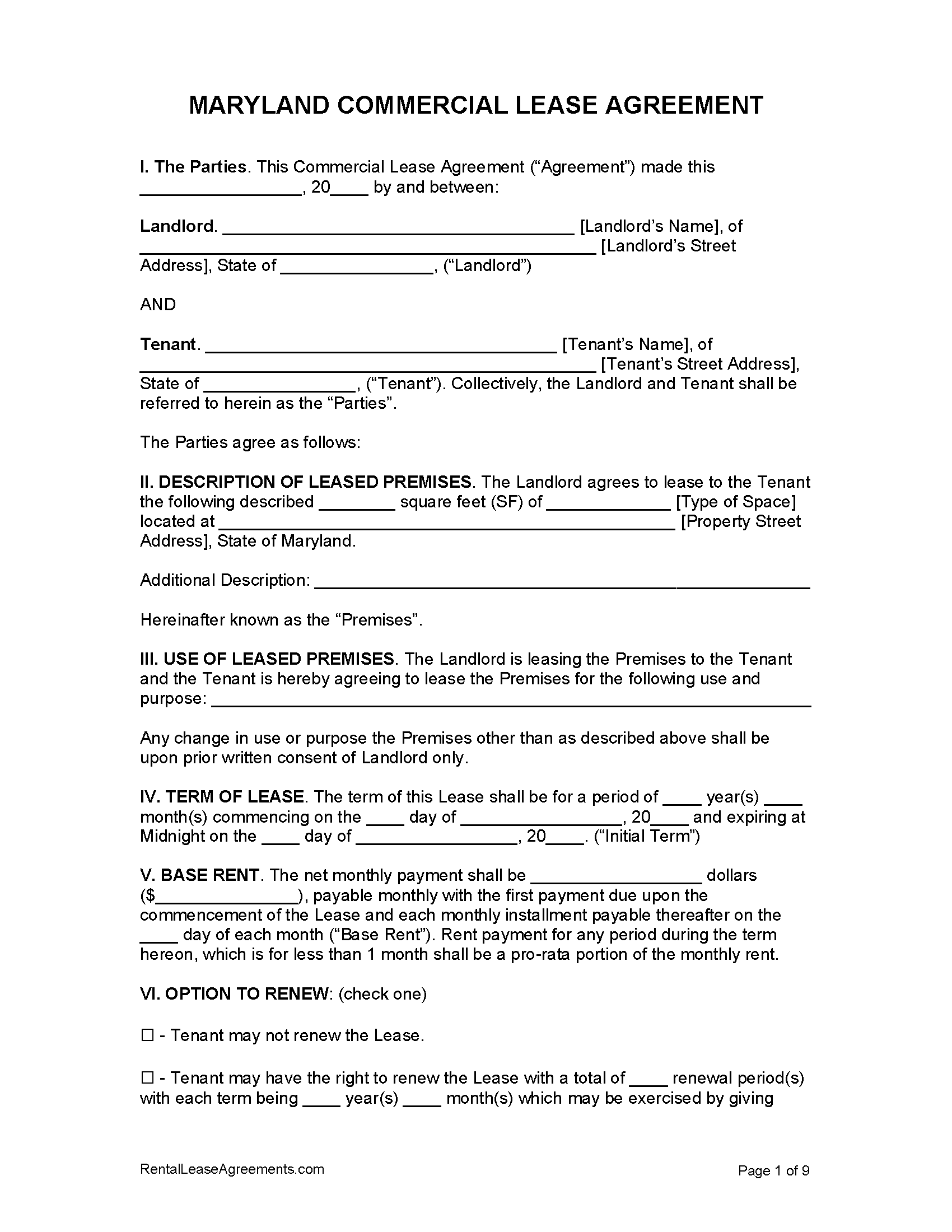 Free Maryland Commercial Lease Agreement Form PDF Template