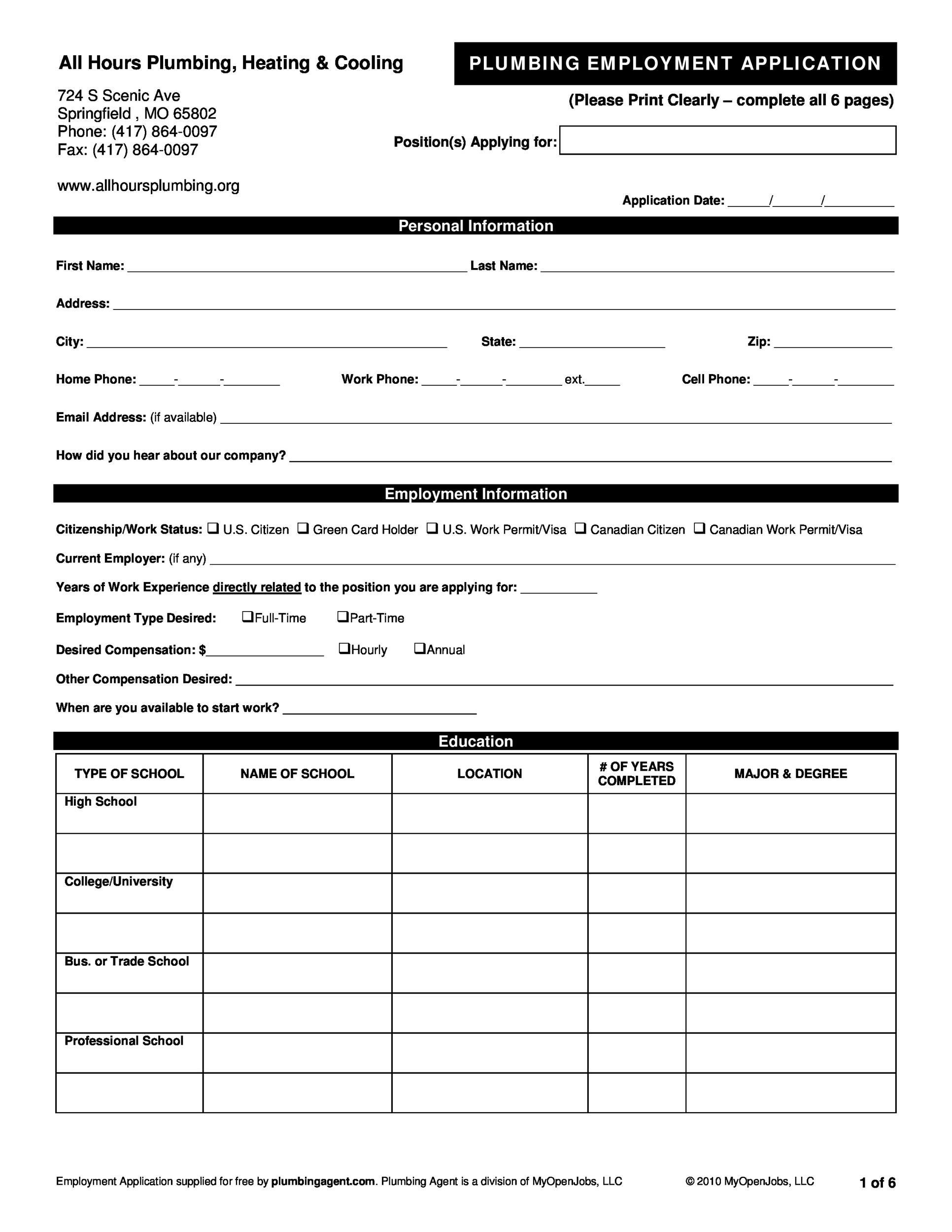 Free Printable Application For Employment Template Content Calendar