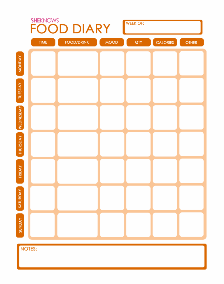 Free Printable Food Diary Template