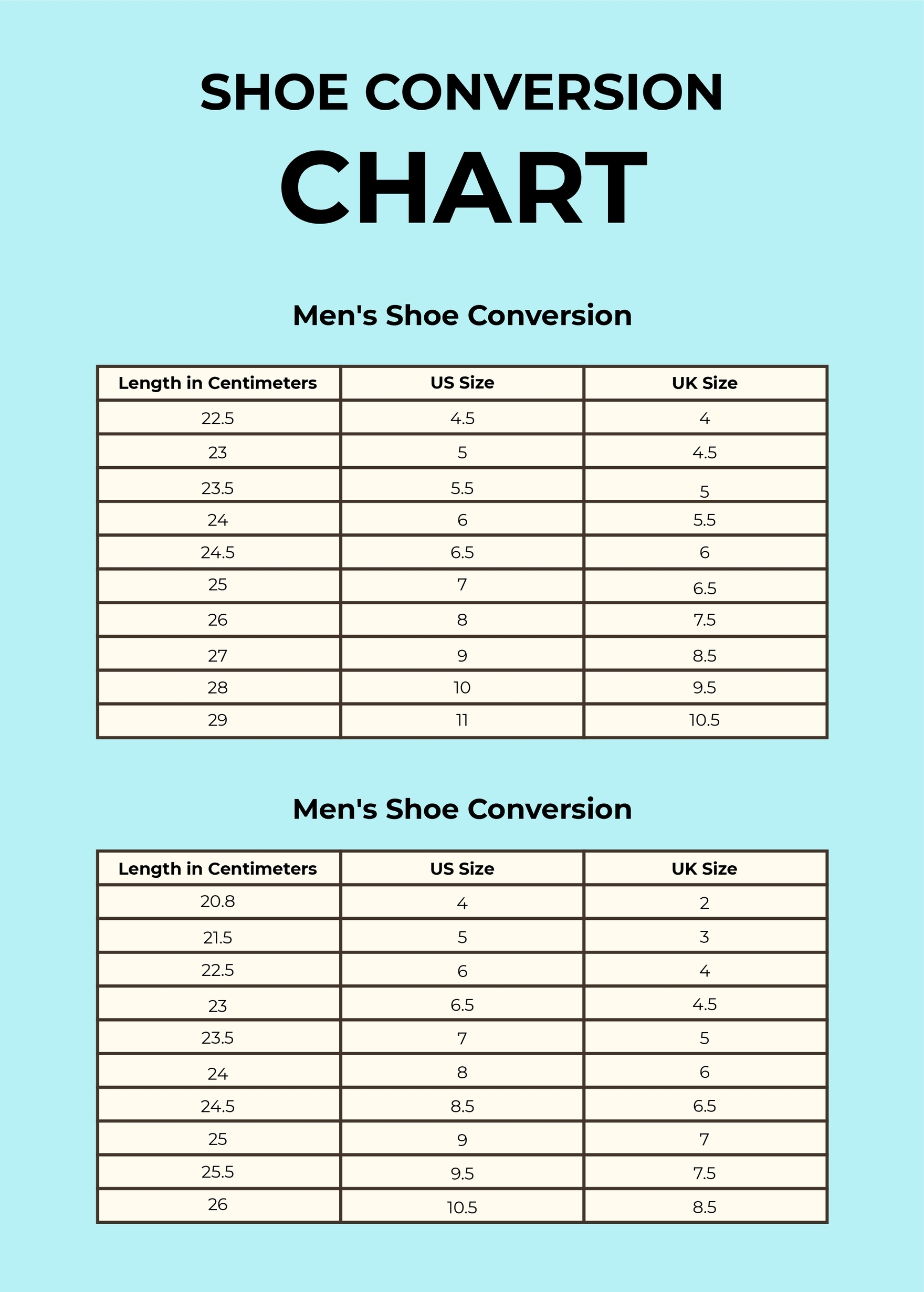 Free Shoe Size Chart Templates Editable And Printable