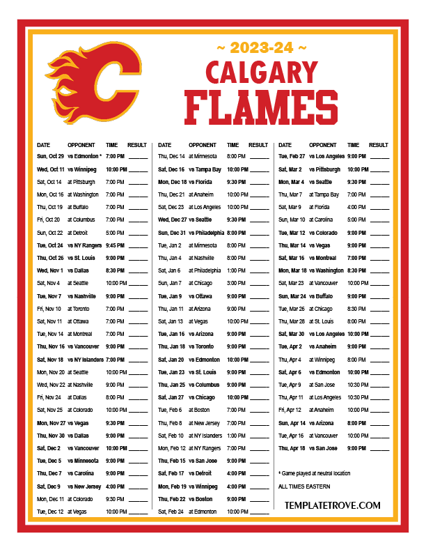 Printable 2023 2024 Calgary Flames Schedule
