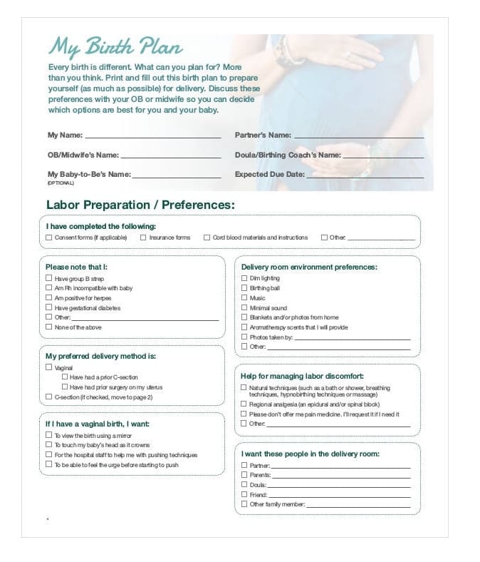 Printable Birth Plan Template PrintableLib