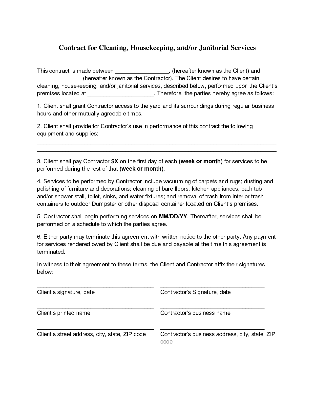 Printable Cleaning Contract Template