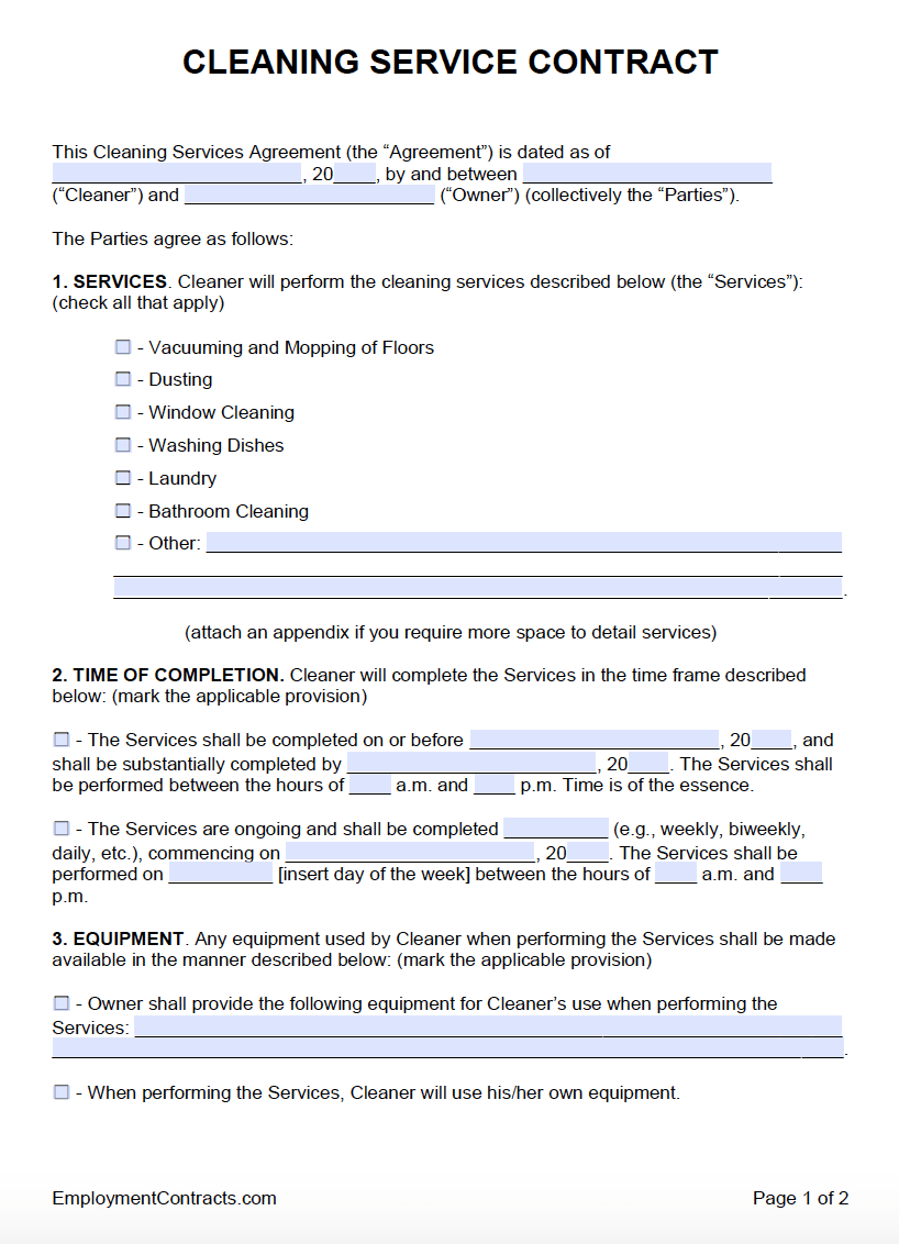Printable Cleaning Contract Template Printable Words Worksheets