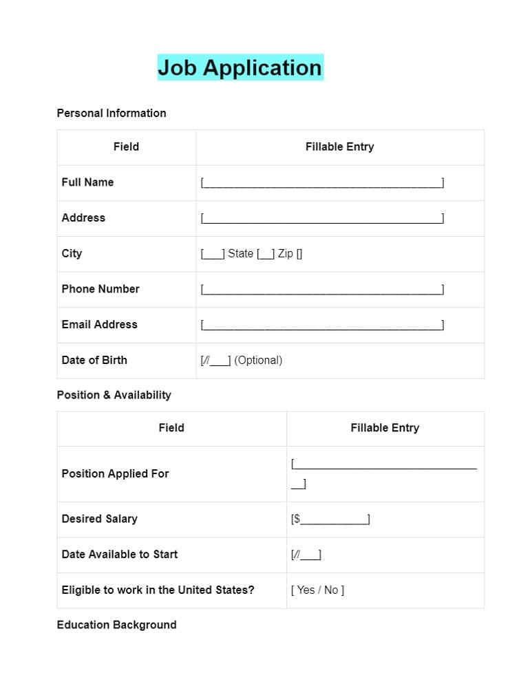 Printable Easy Job Application Template Free Download And Print For You 