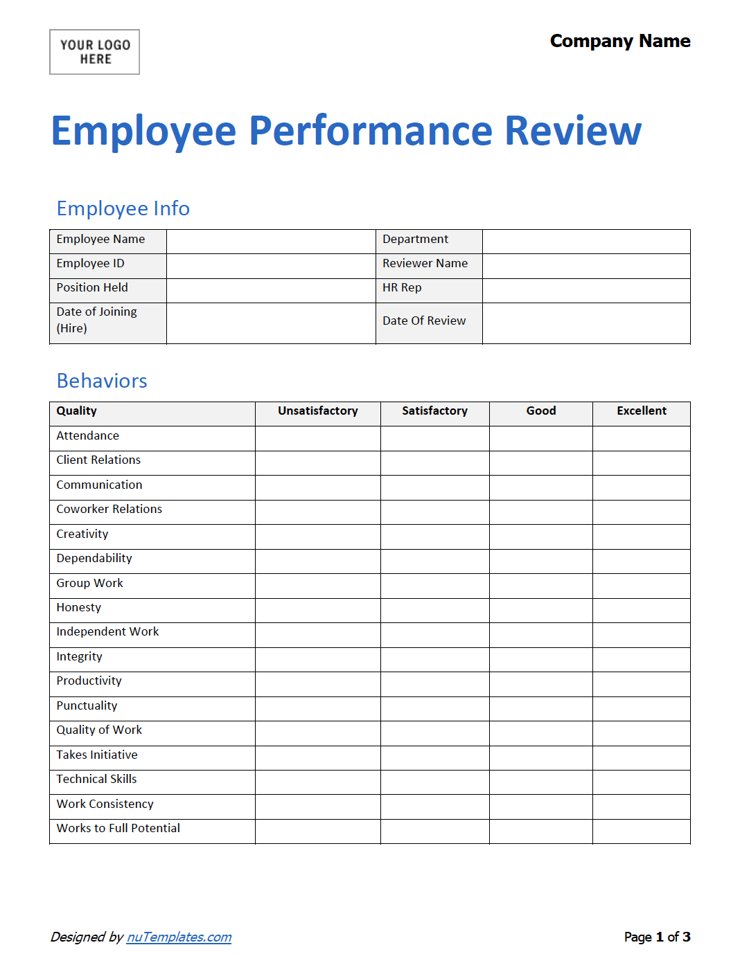 Printable Employee Performance Review Template