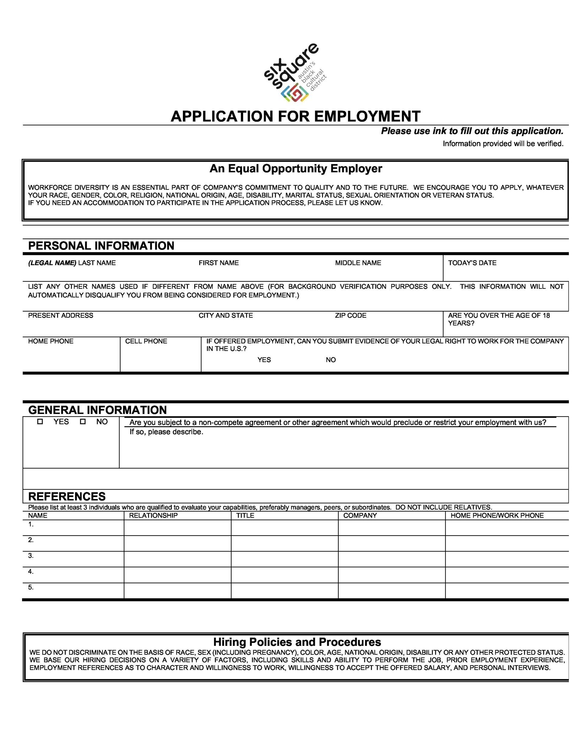 Printable Employment Application Template