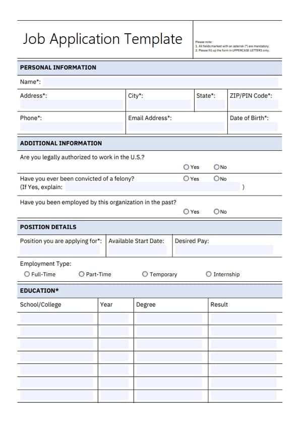 Printable Job Application Template Photo Free Download And Print For You 