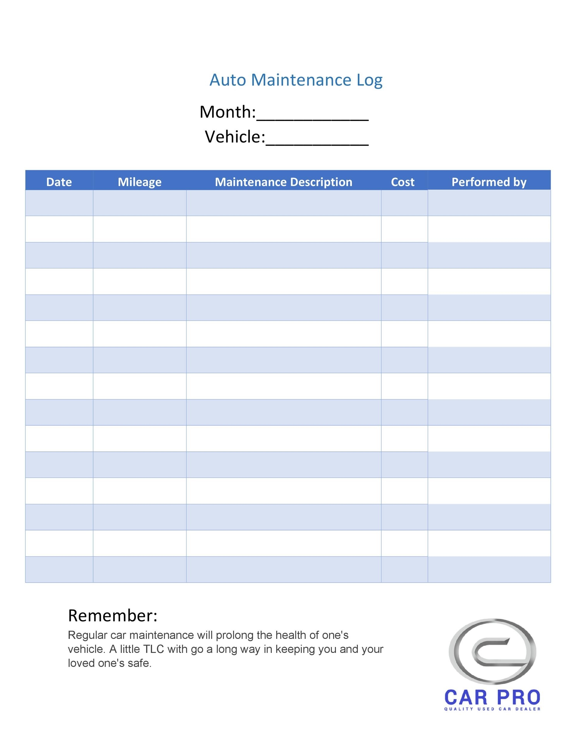 Printable Maintenance Log Template Printable Free Templates