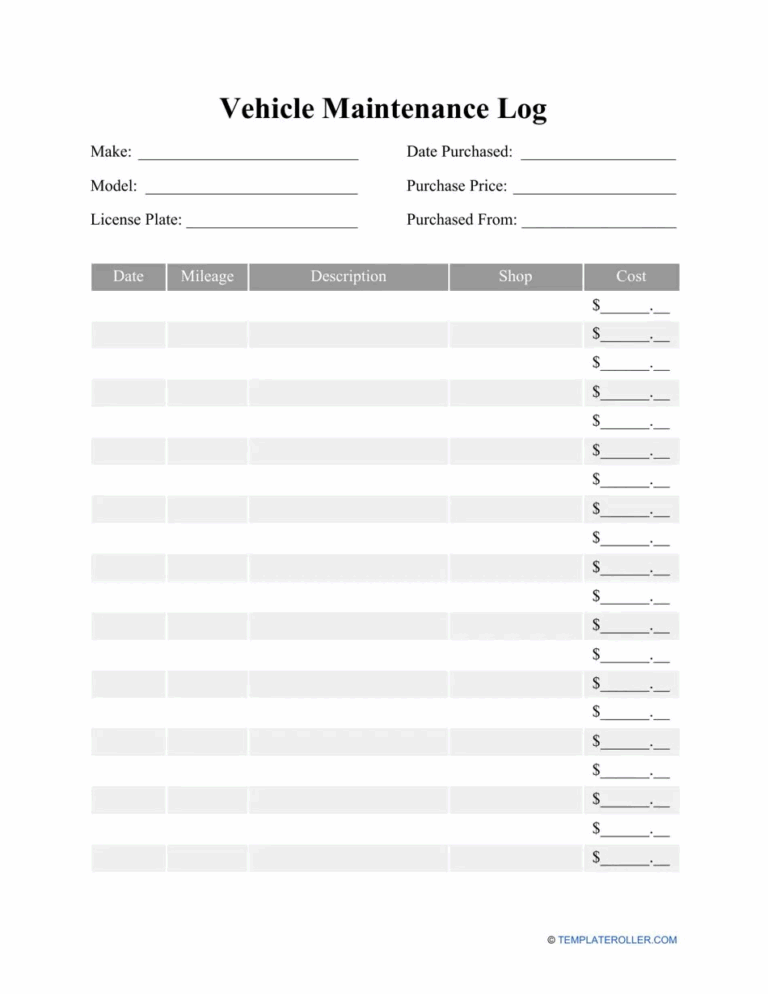 Printable Maintenance Log Template Social Media Template