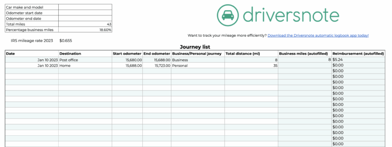 Printable Mileage Log Template For Self Employed Printables Template Free
