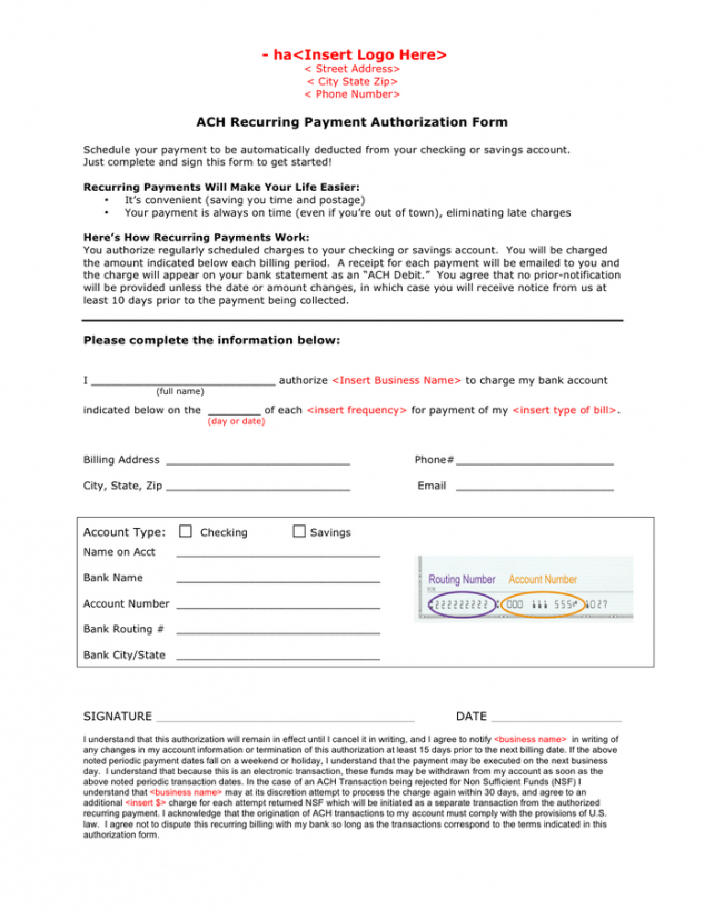 Printable Printable Blank Ach Authorization Form Template Doc Example 