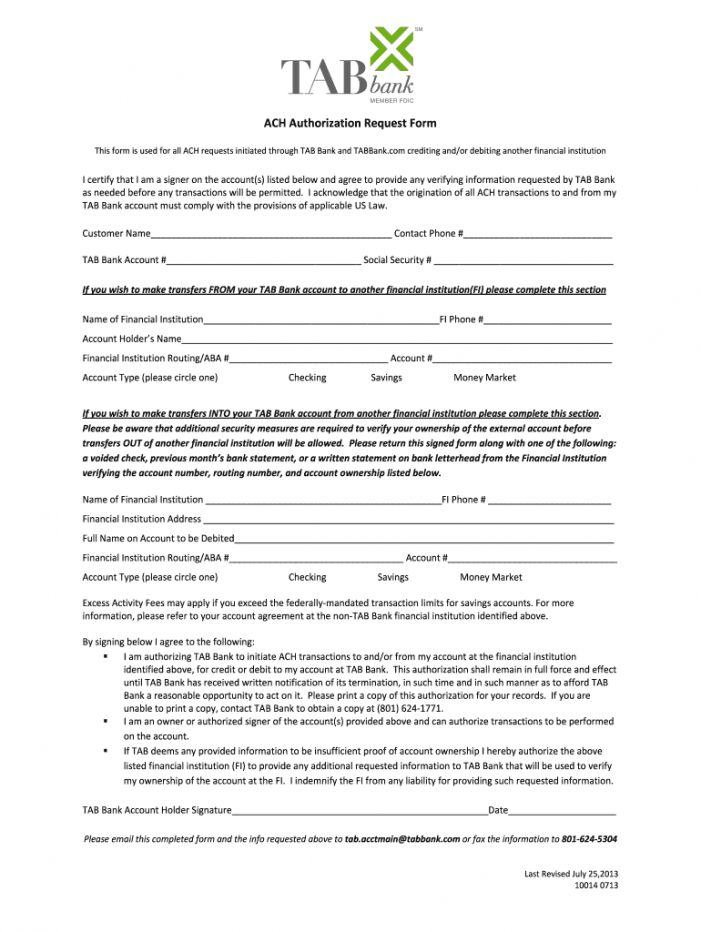 Printable Printable Blank Ach Authorization Form Template PDF Example 