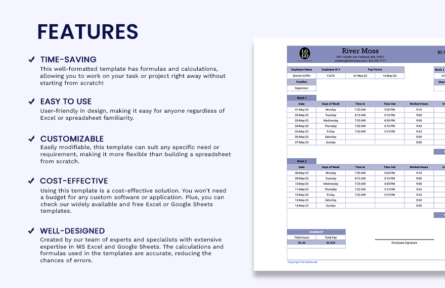 Printable Simple Biweekly Timesheet Template Google Sheets Excel 