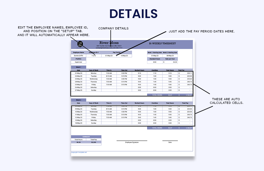 Printable Simple Biweekly Timesheet Template Google Sheets Excel 